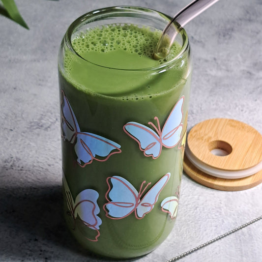 Butterfly Matcha Glass Cup - 500ml with Bamboo Lid and Glass Straw