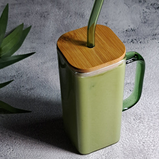 Square Matcha Glass Cup with Bamboo Lid - 350ml. Perfect for birthdays, housewarming gifts, tea sets, graduations, weddings, bachelorette parties and Christmas gifts.
