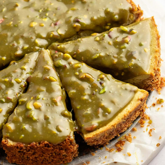 Matcha green tea pecan cheesecake, made with organic matcha and organic pea protein. Baked with love in Dubai. A great gift for a family or a treat for a special someone to enjoy over and over. Delivered to you across Dubai and the UAE.
