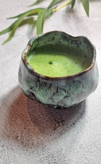 Ceramic Blue Brown Matcha Tea Cup - Cyan Glaze 160 ml. An authentic, hand-crafted ceramic matcha tea cup, made for the true matcha lover who wants to recreate a traditional matcha ceremony.