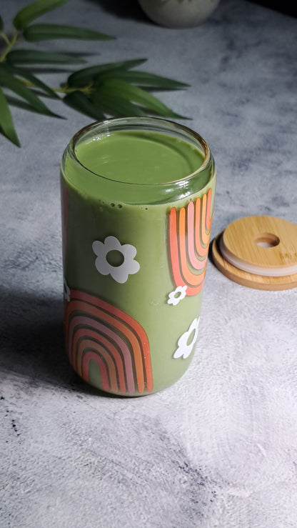 Rainbow-patterned Matcha Glass Cup with Bamboo Lid and Glass Straw - 500ml. Perfect for birthdays, housewarming gifts, tea sets, graduations, weddings, bachelorette parties and Christmas gifts.
