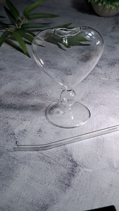 Heart-shaped Drinking Glass Cup with Glass Straw - 300ml. Perfect for birthdays, housewarming gifts, tea sets, graduations, weddings, bachelorette parties and Christmas gifts.