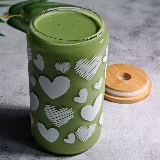 Heart-patterned Drinking Glass with Bamboo Lid and Glass Straw - 500ml. Perfect for birthdays, housewarming gifts, tea sets, graduations, weddings, bachelorette parties and Christmas gifts.