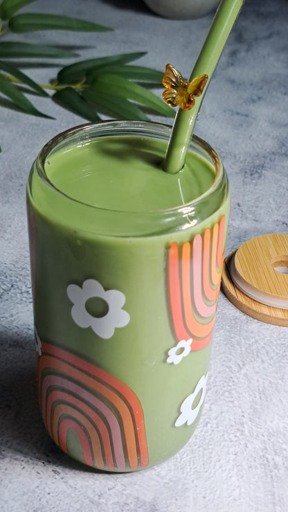 Rainbow-patterned Matcha Glass Cup with Bamboo Lid and Glass Straw - 500ml. Perfect for birthdays, housewarming gifts, tea sets, graduations, weddings, bachelorette parties and Christmas gifts.