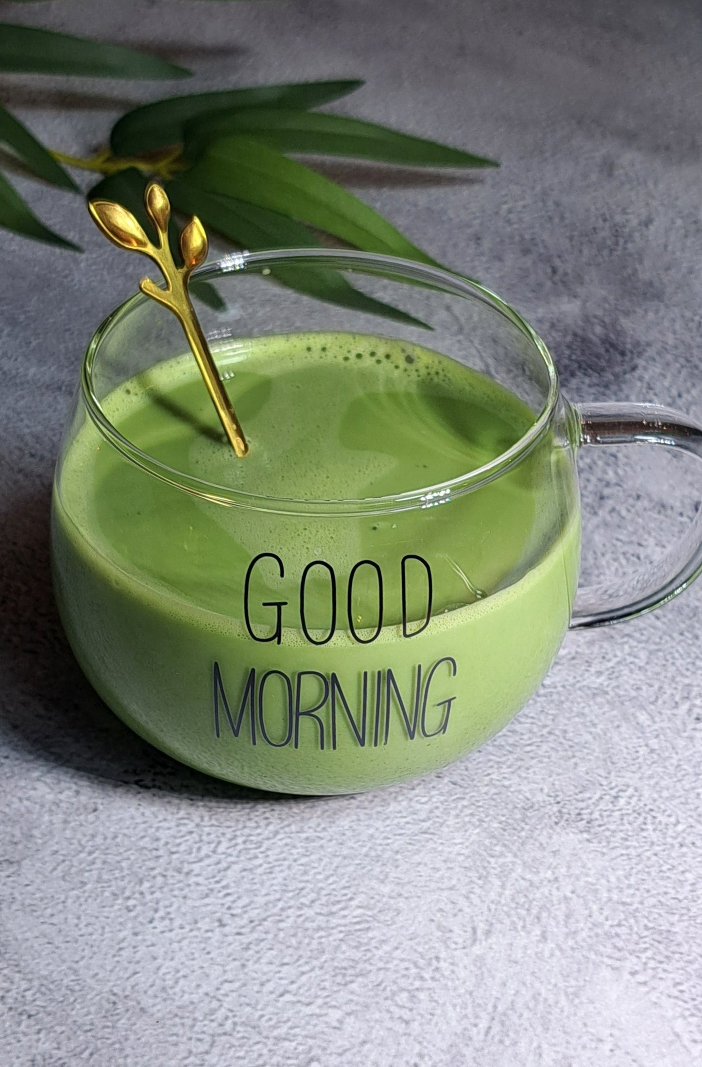 Good Morning Matcha Tea Glass Cup - 400ml. Perfect for birthdays, housewarming gifts, tea sets, graduations, weddings, bachelorette parties and Christmas gifts.