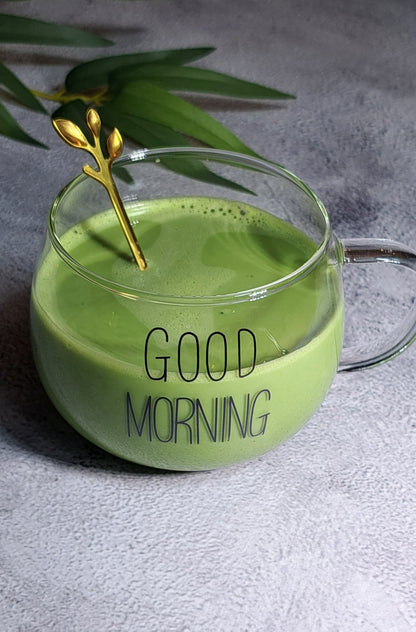 Good Morning Matcha Tea Glass Cup - 400ml. Perfect for birthdays, housewarming gifts, tea sets, graduations, weddings, bachelorette parties and Christmas gifts.