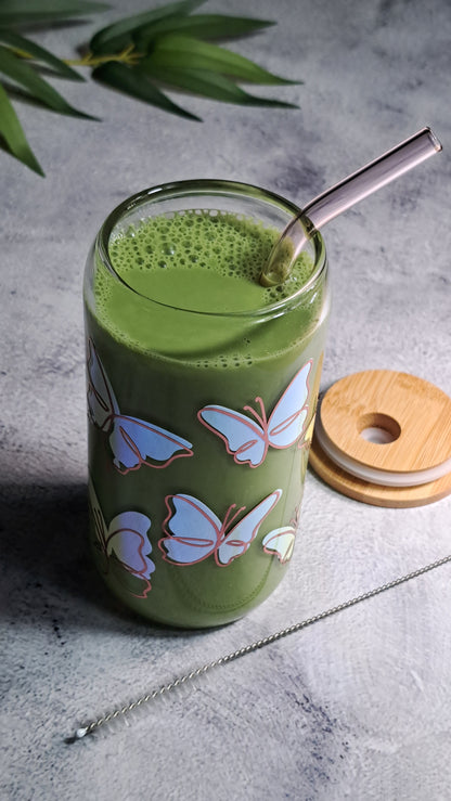 Butterfly Matcha Glass Cup - 500ml with Bamboo Lid and Glass Straw