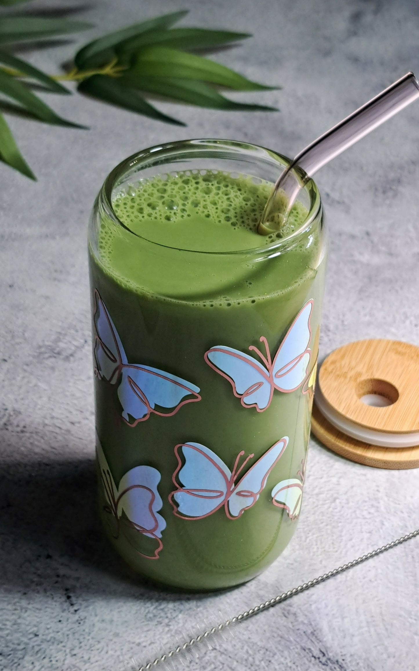 Butterfly Matcha Glass Cup - 500ml with Bamboo Lid and Glass Straw. Perfect for birthdays, housewarming gifts, tea sets, graduations, weddings, bachelorette parties and Christmas gifts.