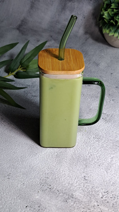 Square Matcha Glass Cup with Bamboo Lid - 350ml. Perfect for birthdays, housewarming gifts, tea sets, graduations, weddings, bachelorette parties and Christmas gifts.