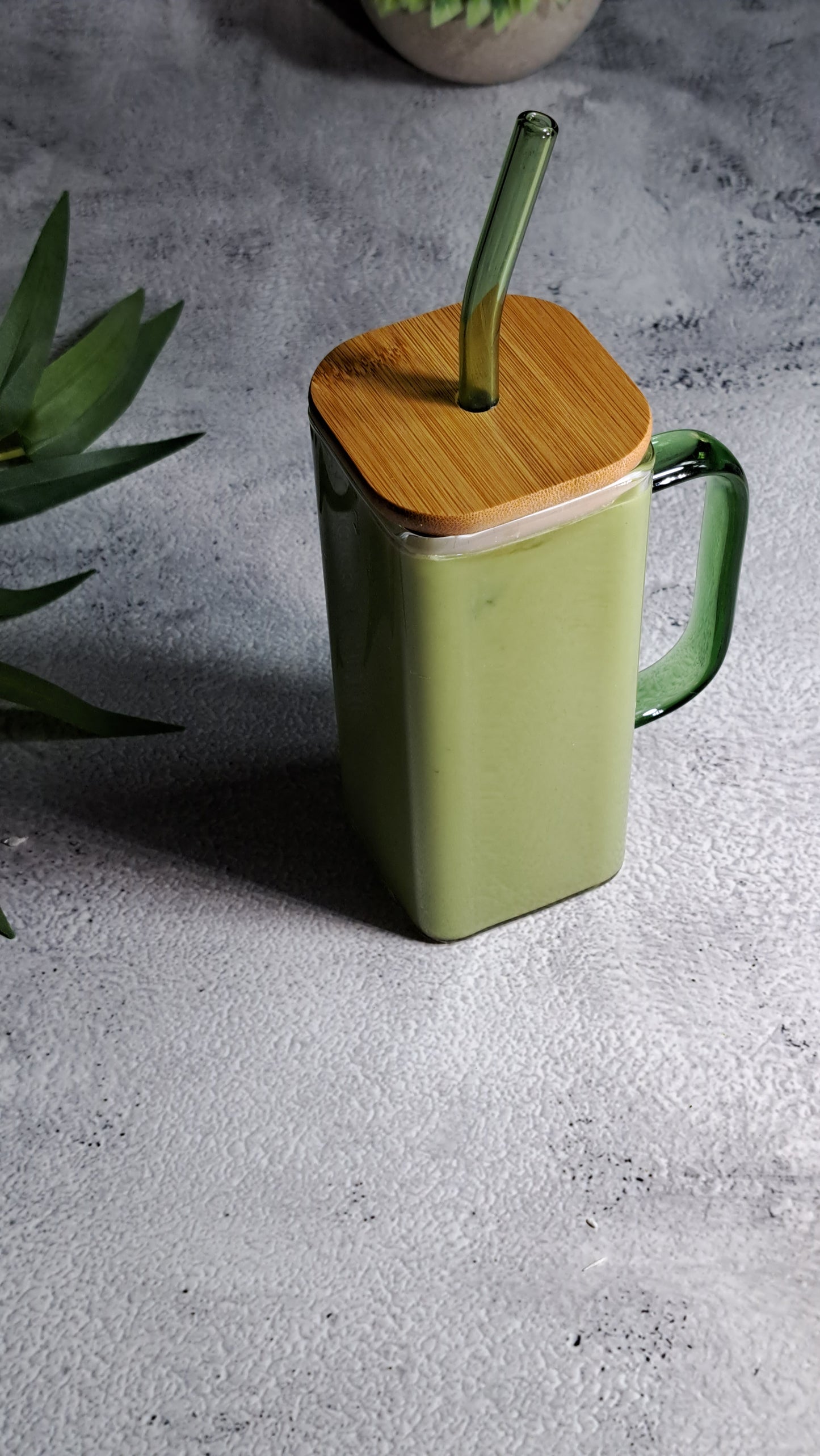 Square Matcha Glass Cup with Bamboo Lid - 350ml. Perfect for birthdays, housewarming gifts, tea sets, graduations, weddings, bachelorette parties and Christmas gifts.