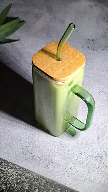 Square Matcha Glass Cup with Bamboo Lid - 350ml. Perfect for birthdays, housewarming gifts, tea sets, graduations, weddings, bachelorette parties and Christmas gifts.