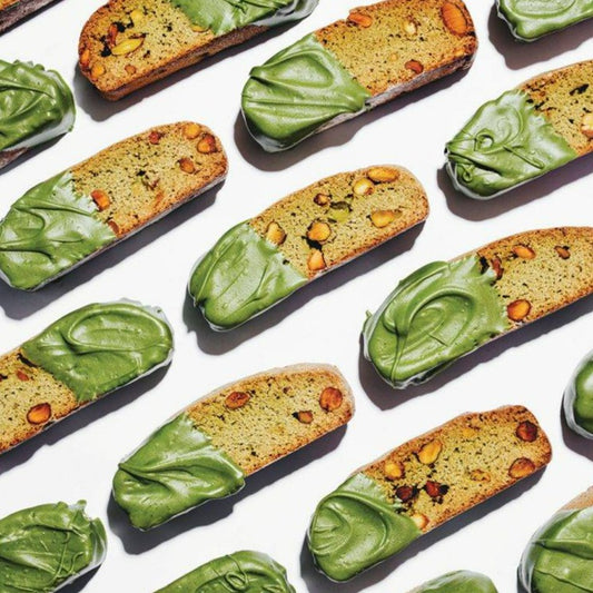 Matcha green tea pistachio biscotti, made with organic matcha. Baked with love in Dubai. A great gift for a family or a treat for a special someone to enjoy over and over. Delivered to you across Dubai and the UAE.