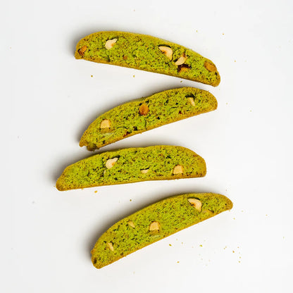 Matcha green tea pistachio biscotti, made with organic matcha. Baked with love in Dubai. A great gift for a family or a treat for a special someone to enjoy over and over. Delivered to you across Dubai and the UAE.