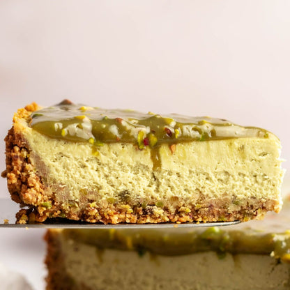 Matcha green tea pecan cheesecake, made with organic matcha and organic pea protein. Baked with love in Dubai. A great gift for a family or a treat for a special someone to enjoy over and over. Delivered to you across Dubai and the UAE.