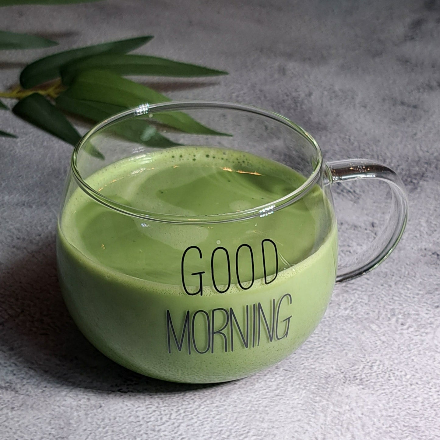 Good Morning Matcha Tea Glass Cup - 400ml. Perfect for birthdays, housewarming gifts, tea sets, graduations, weddings, bachelorette parties and Christmas gifts.