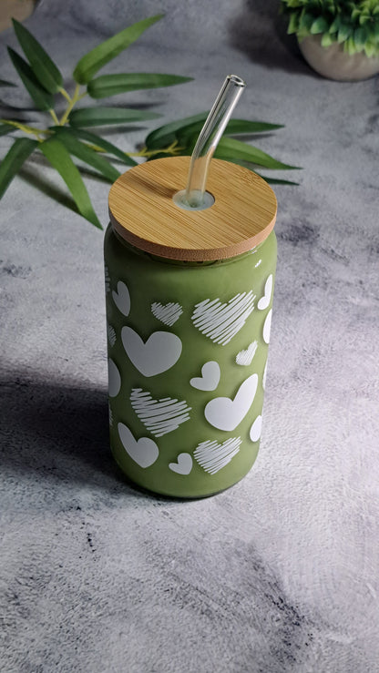 Heart-patterned Drinking Glass with Bamboo Lid and Glass Straw - 500ml. Perfect for birthdays, housewarming gifts, tea sets, graduations, weddings, bachelorette parties and Christmas gifts.