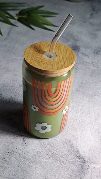 Rainbow-patterned Matcha Glass Cup with Bamboo Lid and Glass Straw - 500ml. Perfect for birthdays, housewarming gifts, tea sets, graduations, weddings, bachelorette parties and Christmas gifts.