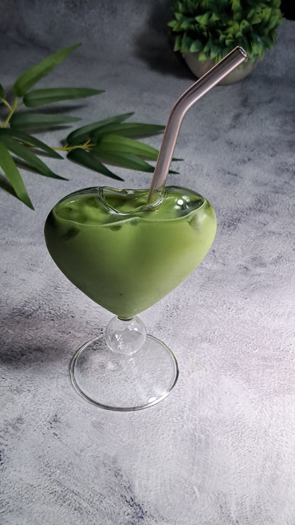 Heart-shaped Drinking Glass Cup with Glass Straw - 300ml. Perfect for birthdays, housewarming gifts, tea sets, graduations, weddings, bachelorette parties and Christmas gifts.