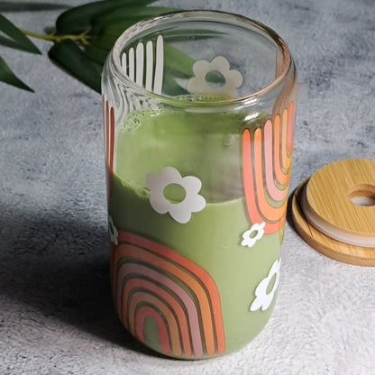 Rainbow-patterned Matcha Glass Cup with Bamboo Lid and Glass Straw - 500ml. Perfect for birthdays, housewarming gifts, tea sets, graduations, weddings, bachelorette parties and Christmas gifts.