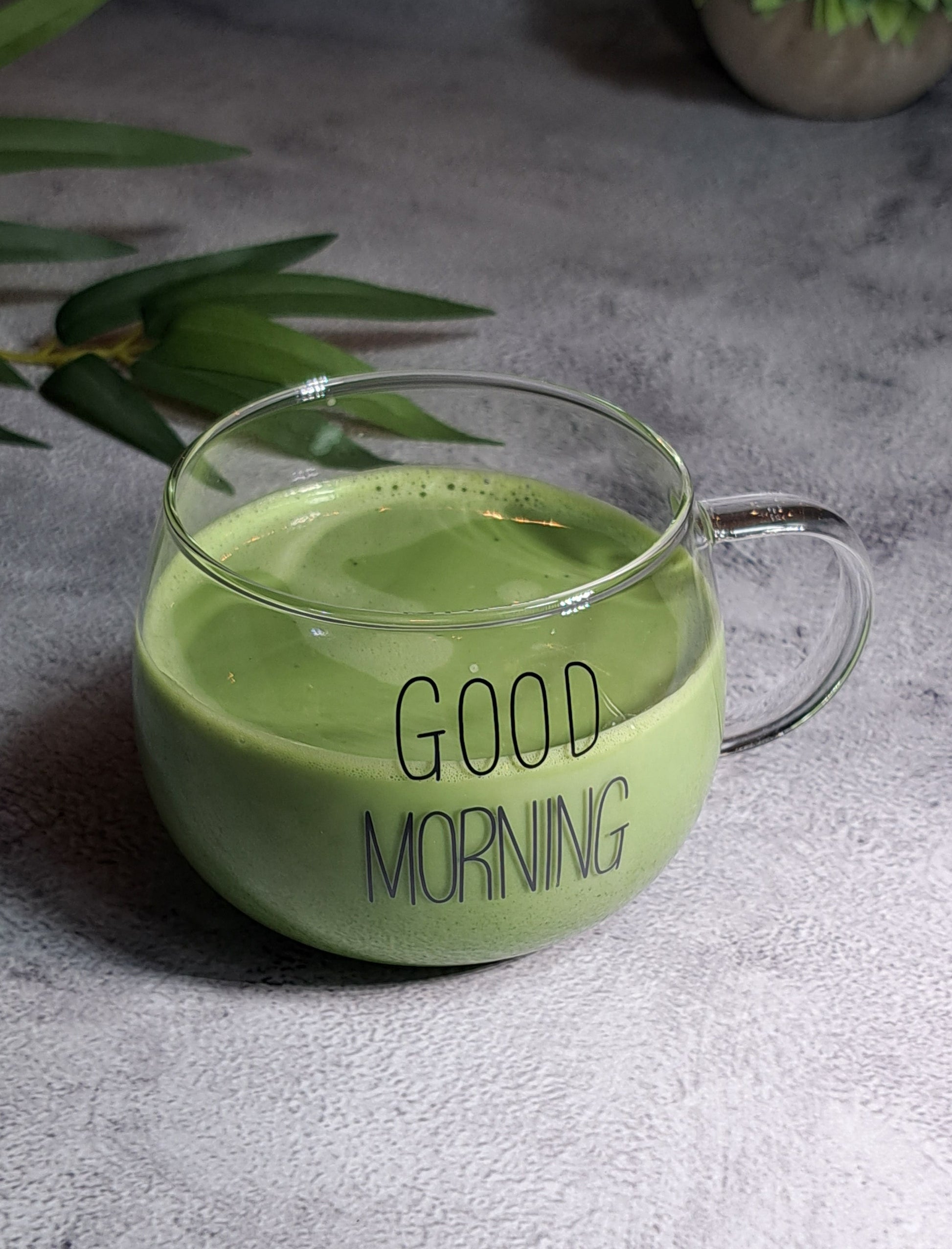 Good Morning Matcha Tea Glass Cup - 400ml. Perfect for birthdays, housewarming gifts, tea sets, graduations, weddings, bachelorette parties and Christmas gifts.